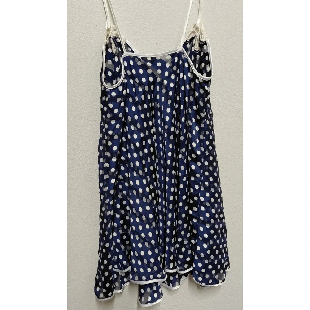 Josie by Natori Vtg Navy White Polka Dot Chiffon Lace Applique Babydoll Cami L